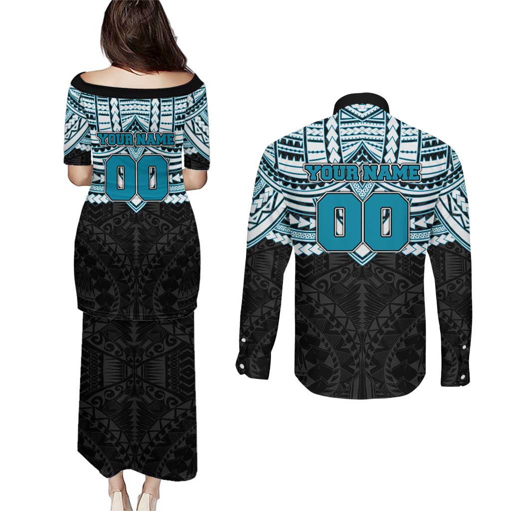 Personalized Port Adelaide Power Couples Matching Puletasi and Long Sleeve Button Shirt Polynesian Tribal Pattern Heritage Football