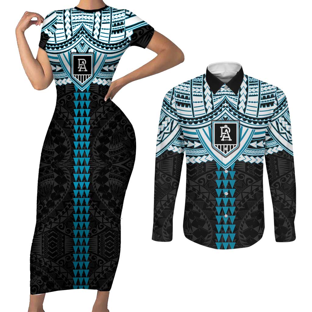 Personalized Port Adelaide Power Couples Matching Short Sleeve Bodycon Dress and Long Sleeve Button Shirt Polynesian Tribal Pattern Heritage Football
