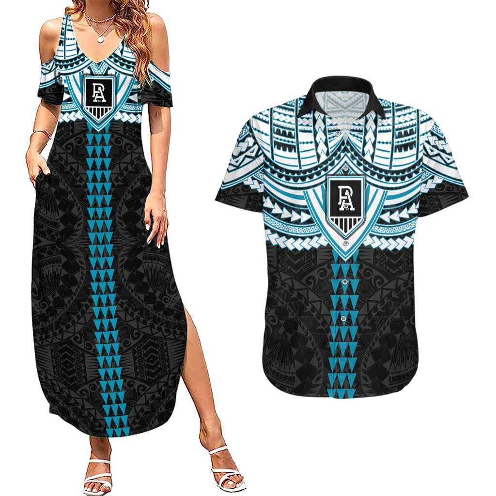 Personalized Port Adelaide Power Couples Matching Summer Maxi Dress and Hawaiian Shirt Polynesian Tribal Pattern Heritage Football