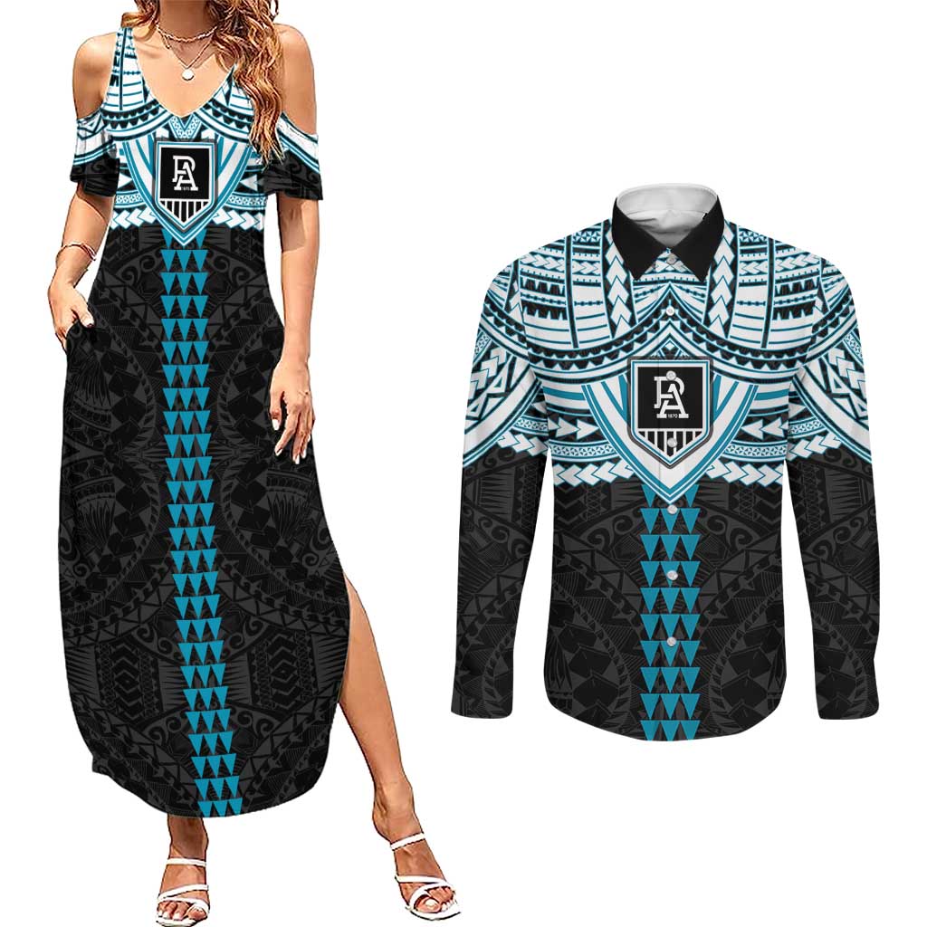 Personalized Port Adelaide Power Couples Matching Summer Maxi Dress and Long Sleeve Button Shirt Polynesian Tribal Pattern Heritage Football