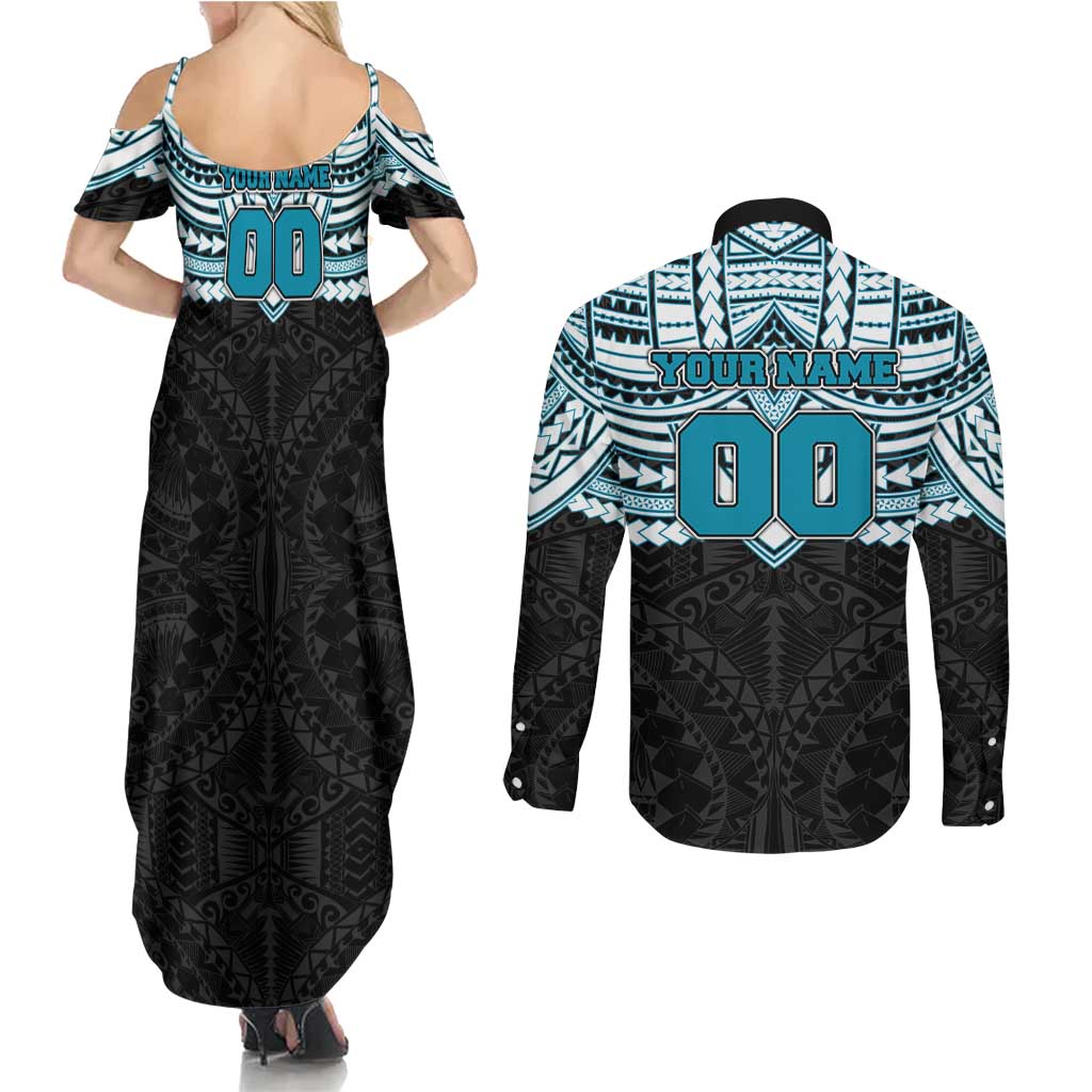 Personalized Port Adelaide Power Couples Matching Summer Maxi Dress and Long Sleeve Button Shirt Polynesian Tribal Pattern Heritage Football