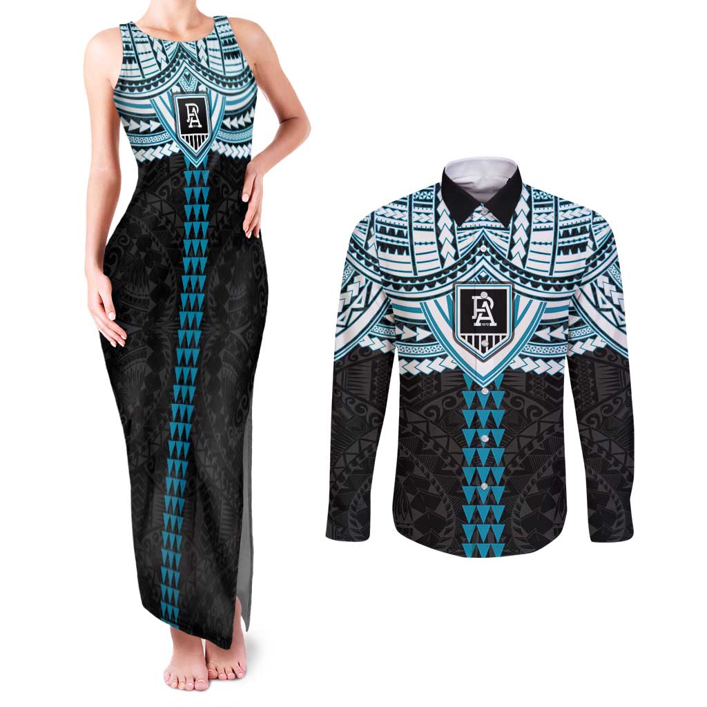 Personalized Port Adelaide Power Couples Matching Tank Maxi Dress and Long Sleeve Button Shirt Polynesian Tribal Pattern Heritage Football