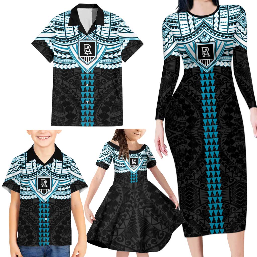 Personalized Port Adelaide Power Family Matching Long Sleeve Bodycon Dress and Hawaiian Shirt Polynesian Tribal Pattern Heritage Football
