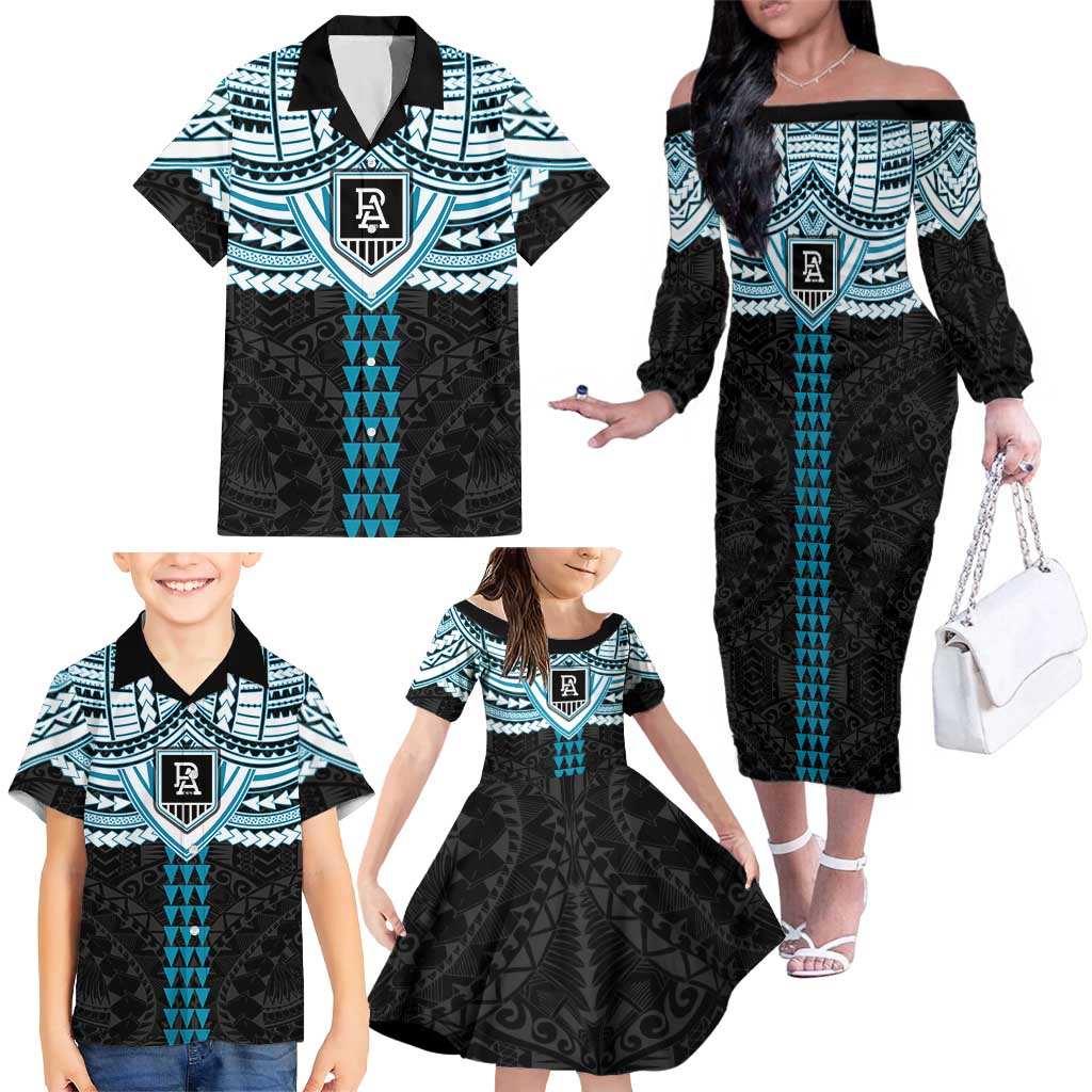 Personalized Port Adelaide Power Family Matching Off The Shoulder Long Sleeve Dress and Hawaiian Shirt Polynesian Tribal Pattern Heritage Football