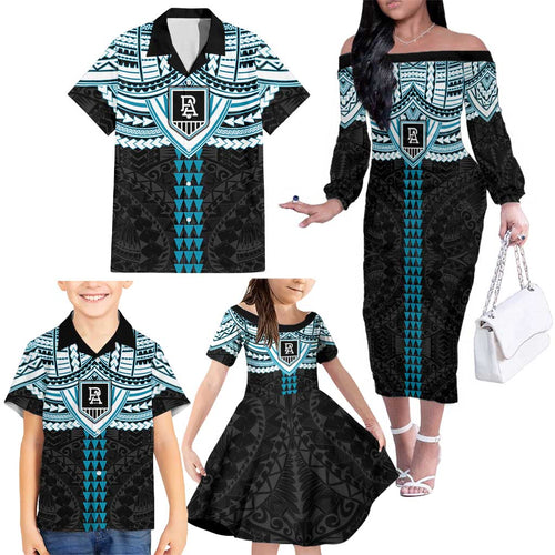 Personalized Port Adelaide Power Family Matching Off The Shoulder Long Sleeve Dress and Hawaiian Shirt Polynesian Tribal Pattern Heritage Football