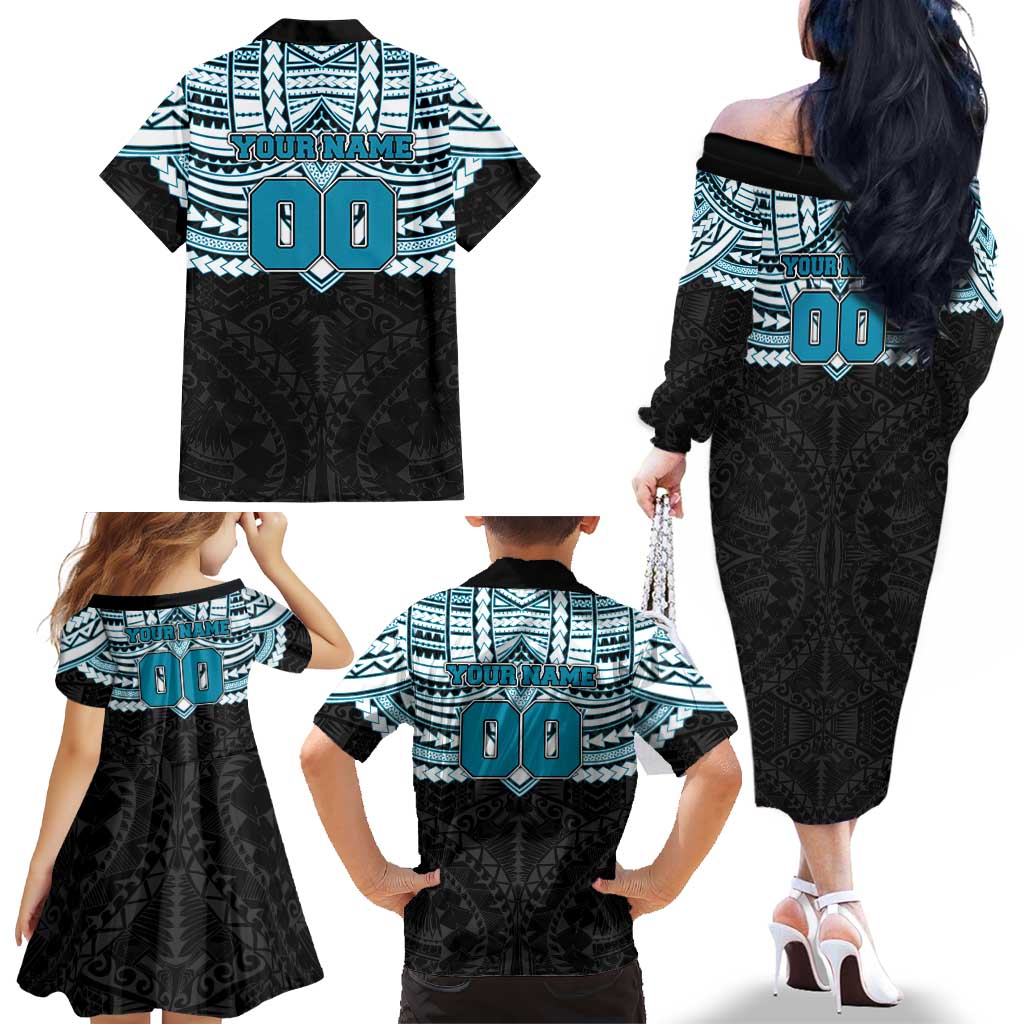 Personalized Port Adelaide Power Family Matching Off The Shoulder Long Sleeve Dress and Hawaiian Shirt Polynesian Tribal Pattern Heritage Football