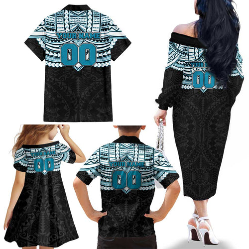 Personalized Port Adelaide Power Family Matching Off The Shoulder Long Sleeve Dress and Hawaiian Shirt Polynesian Tribal Pattern Heritage Football