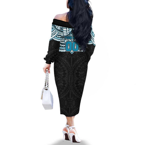 Personalized Port Adelaide Power Family Matching Off The Shoulder Long Sleeve Dress and Hawaiian Shirt Polynesian Tribal Pattern Heritage Football