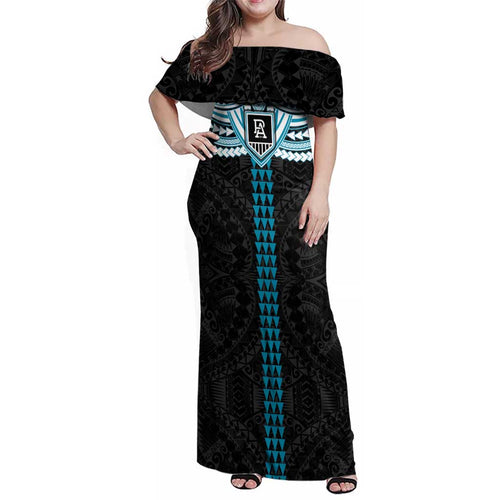 Personalized Port Adelaide Power Family Matching Off Shoulder Maxi Dress and Hawaiian Shirt Polynesian Tribal Pattern Heritage Football