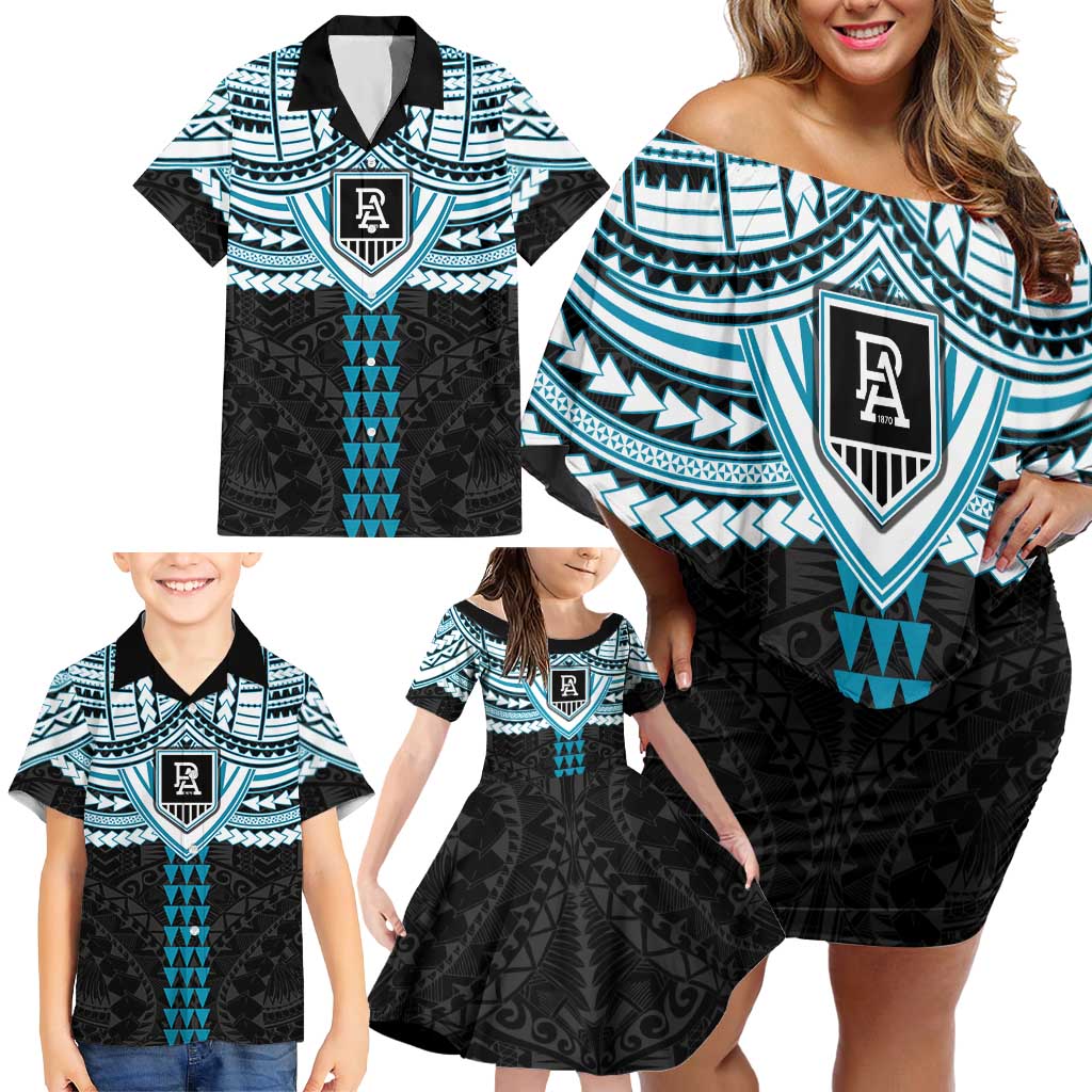 Personalized Port Adelaide Power Family Matching Off Shoulder Short Dress and Hawaiian Shirt Polynesian Tribal Pattern Heritage Football