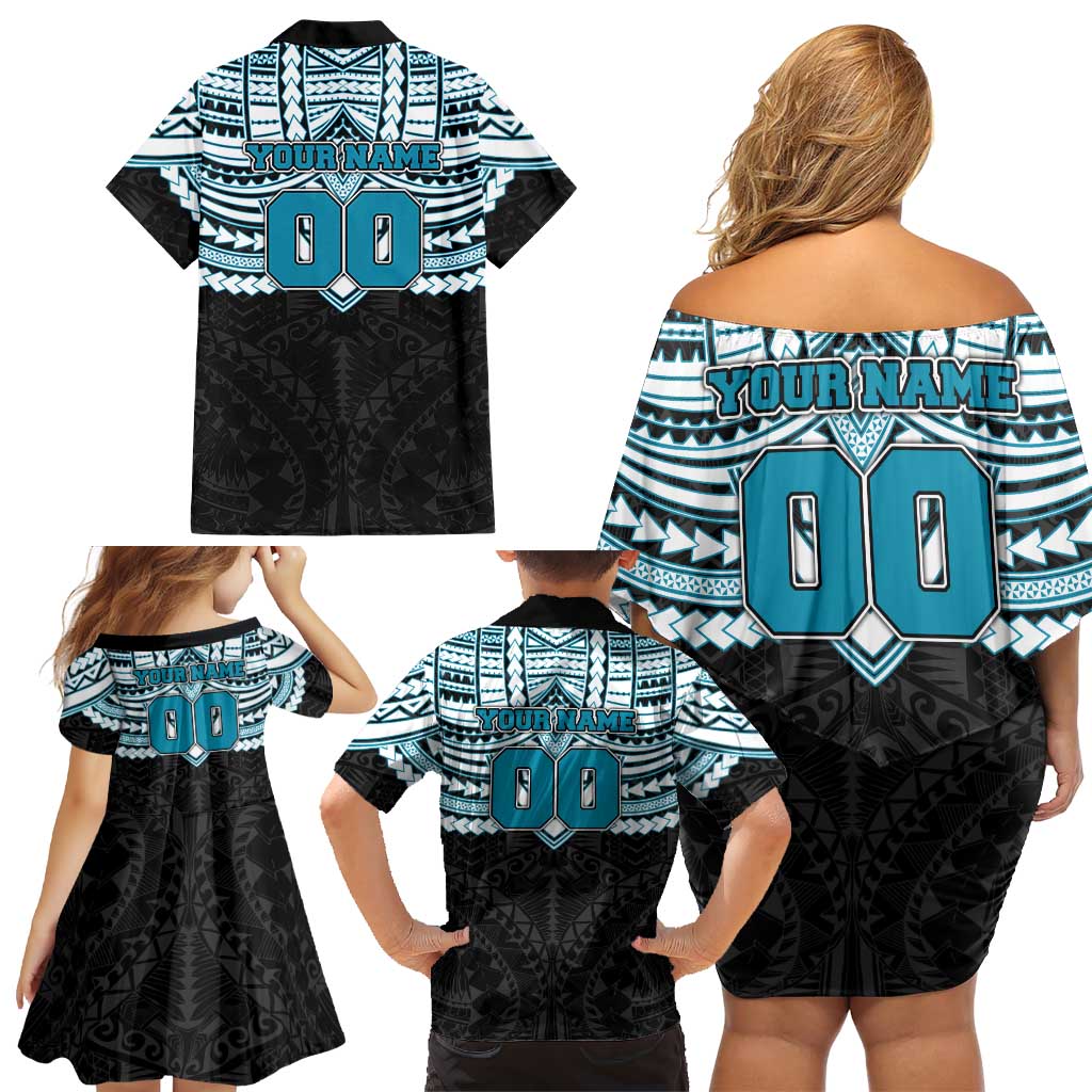 Personalized Port Adelaide Power Family Matching Off Shoulder Short Dress and Hawaiian Shirt Polynesian Tribal Pattern Heritage Football