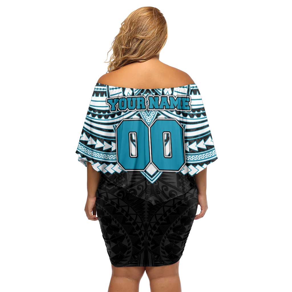 Personalized Port Adelaide Power Family Matching Off Shoulder Short Dress and Hawaiian Shirt Polynesian Tribal Pattern Heritage Football