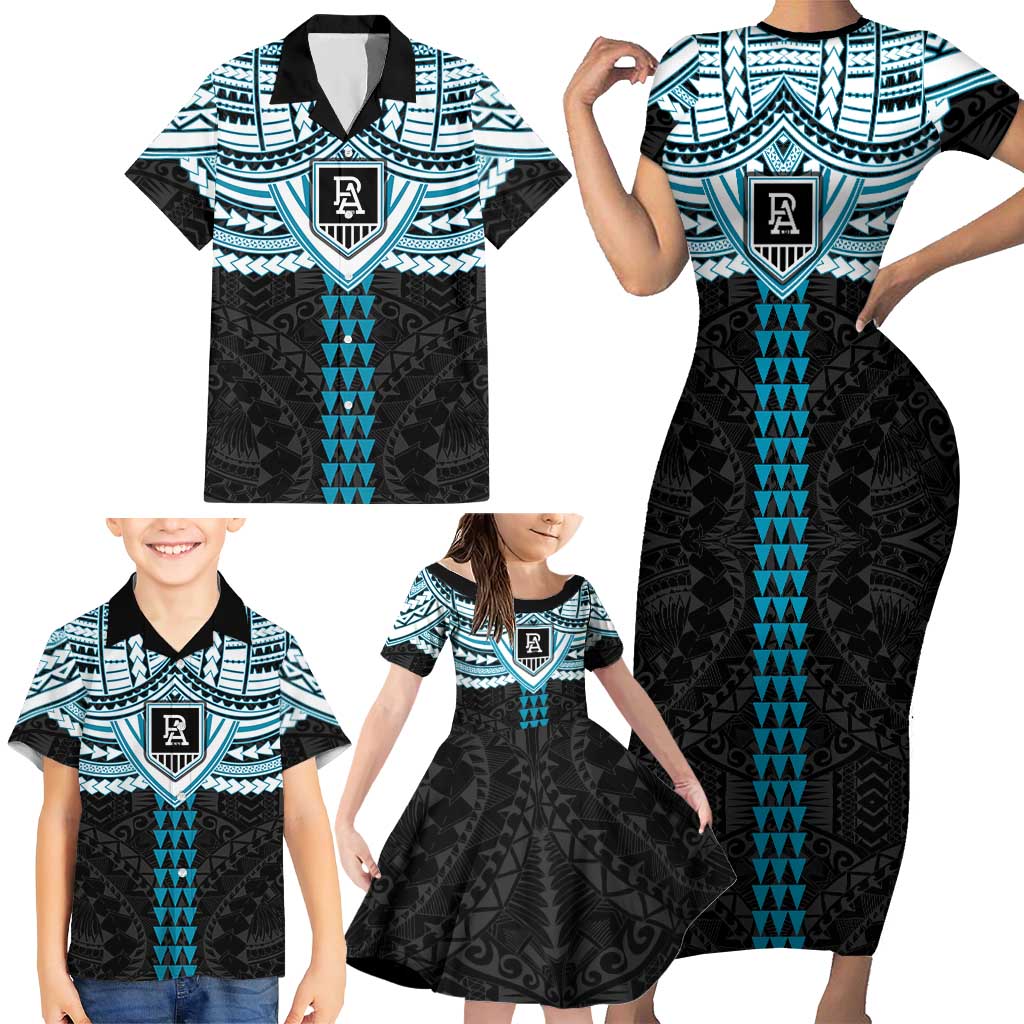 Personalized Port Adelaide Power Family Matching Short Sleeve Bodycon Dress and Hawaiian Shirt Polynesian Tribal Pattern Heritage Football