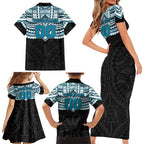 Personalized Port Adelaide Power Family Matching Short Sleeve Bodycon Dress and Hawaiian Shirt Polynesian Tribal Pattern Heritage Football