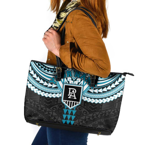 Personalized Port Adelaide Power Leather Tote Bag Polynesian Tribal Pattern Heritage Football