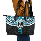 Personalized Port Adelaide Power Leather Tote Bag Polynesian Tribal Pattern Heritage Football