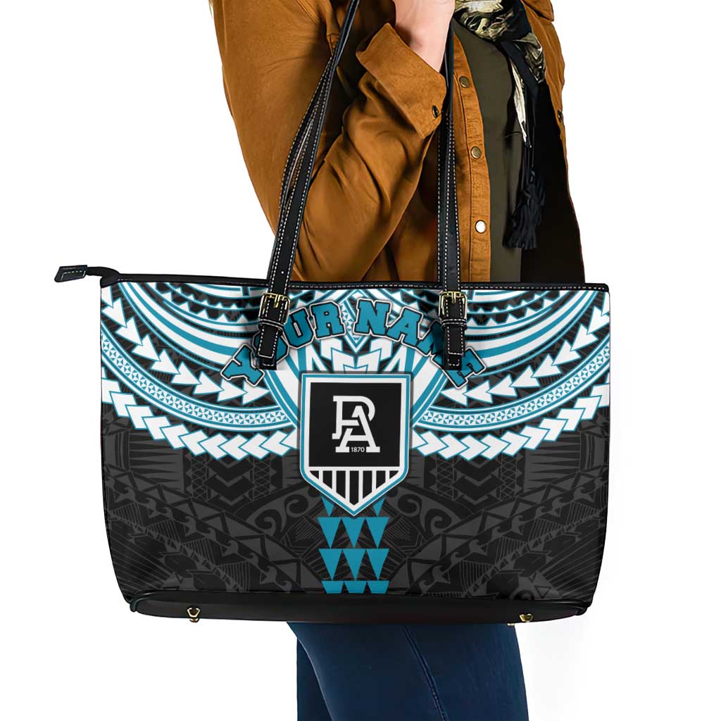 Personalized Port Adelaide Power Leather Tote Bag Polynesian Tribal Pattern Heritage Football