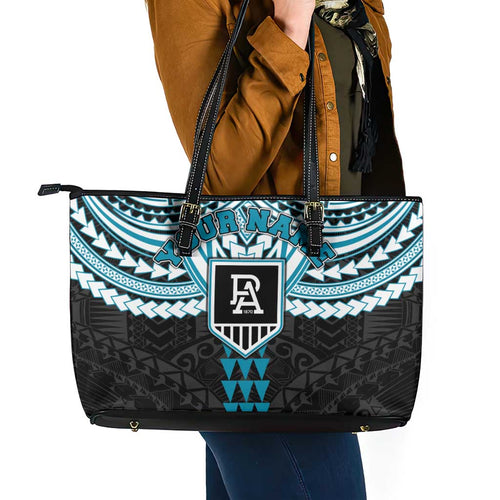Personalized Port Adelaide Power Leather Tote Bag Polynesian Tribal Pattern Heritage Football