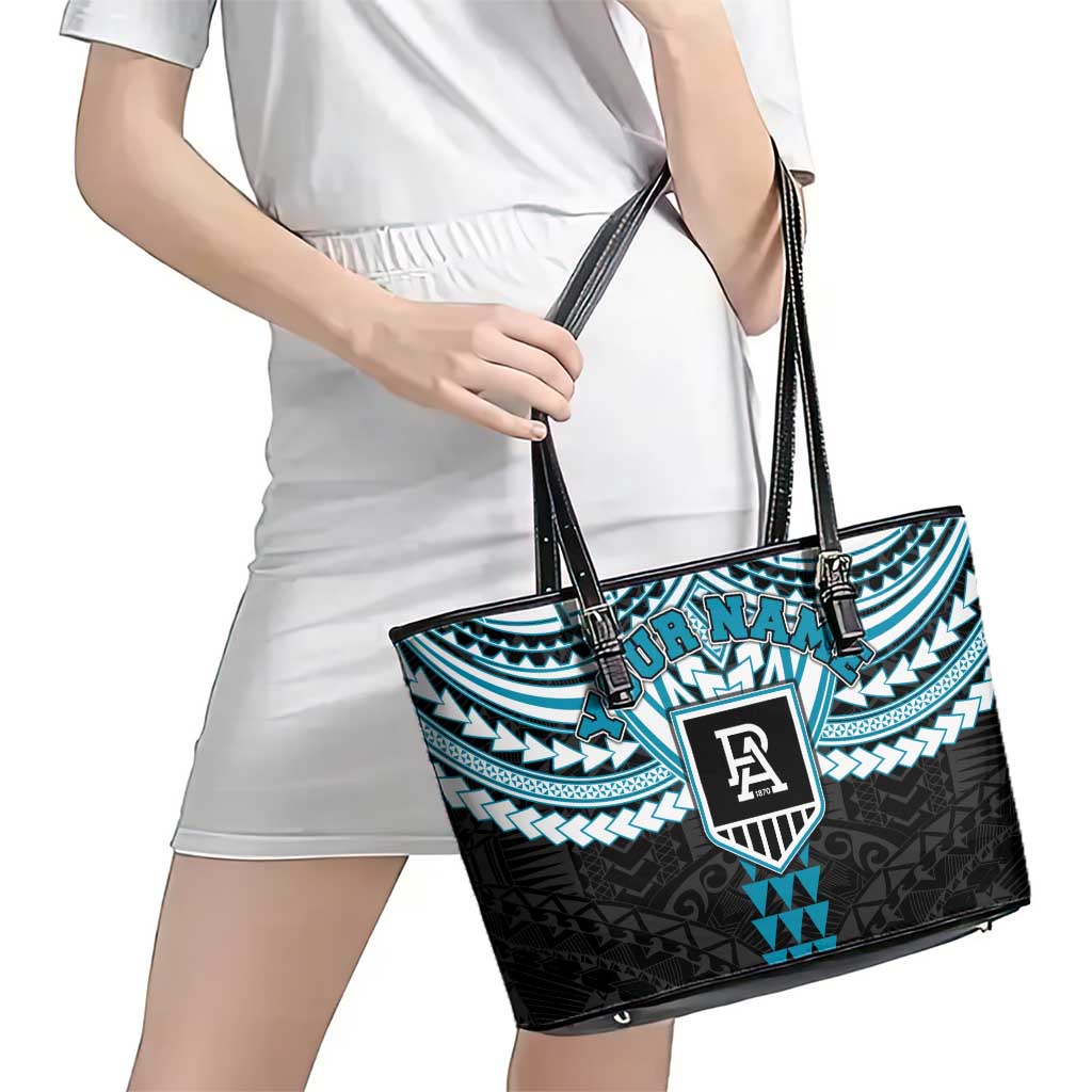 Personalized Port Adelaide Power Leather Tote Bag Polynesian Tribal Pattern Heritage Football
