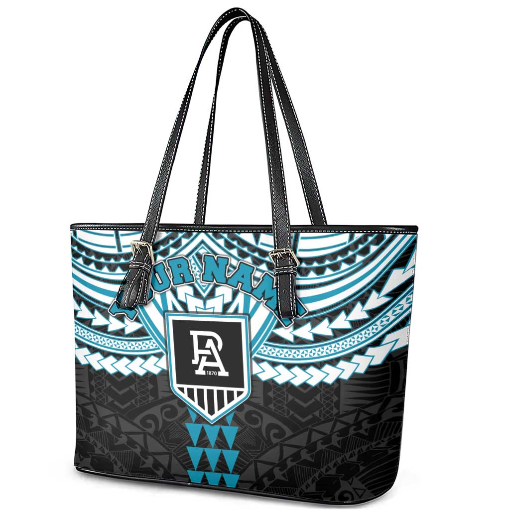 Personalized Port Adelaide Power Leather Tote Bag Polynesian Tribal Pattern Heritage Football