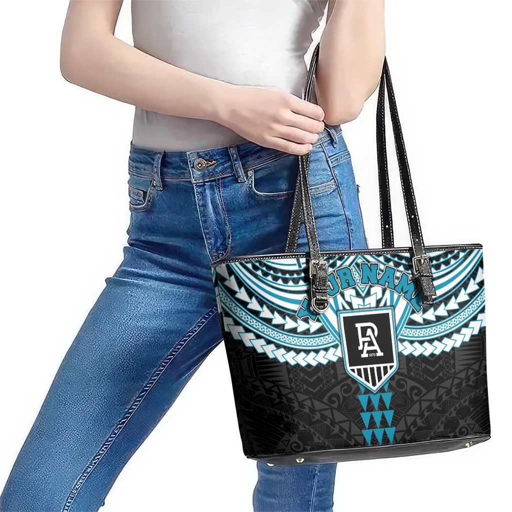 Personalized Port Adelaide Power Leather Tote Bag Polynesian Tribal Pattern Heritage Football