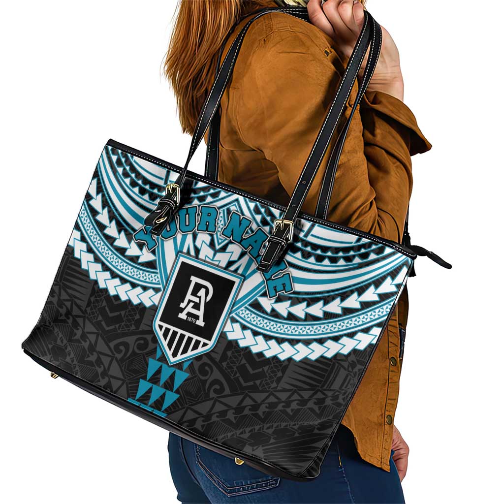 Personalized Port Adelaide Power Leather Tote Bag Polynesian Tribal Pattern Heritage Football