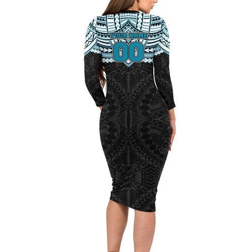 Personalized Port Adelaide Power Long Sleeve Bodycon Dress Polynesian Tribal Pattern Heritage Football