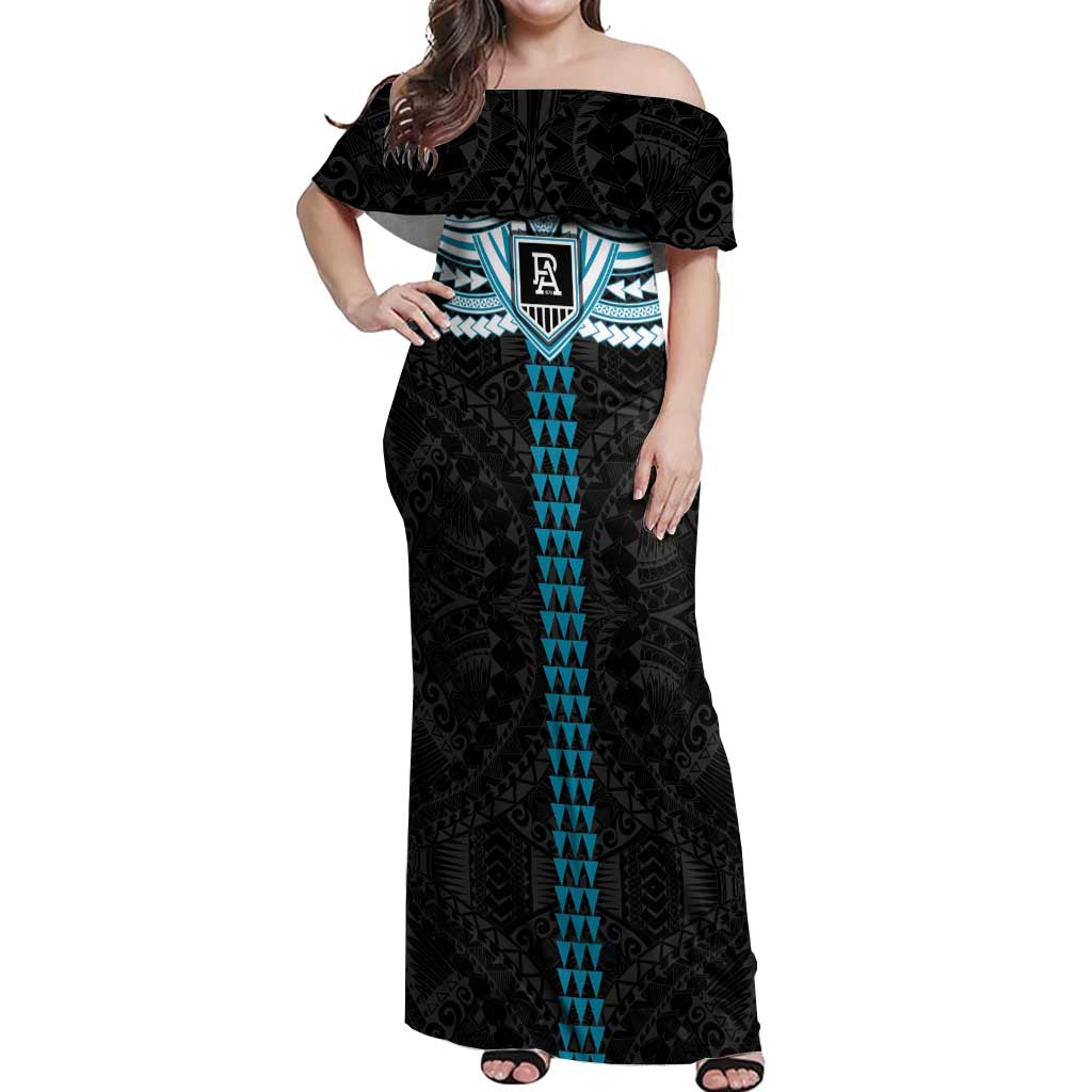 Personalized Port Adelaide Power Off Shoulder Maxi Dress Polynesian Tribal Pattern Heritage Football