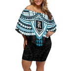 Personalized Port Adelaide Power Off Shoulder Short Dress Polynesian Tribal Pattern Heritage Football