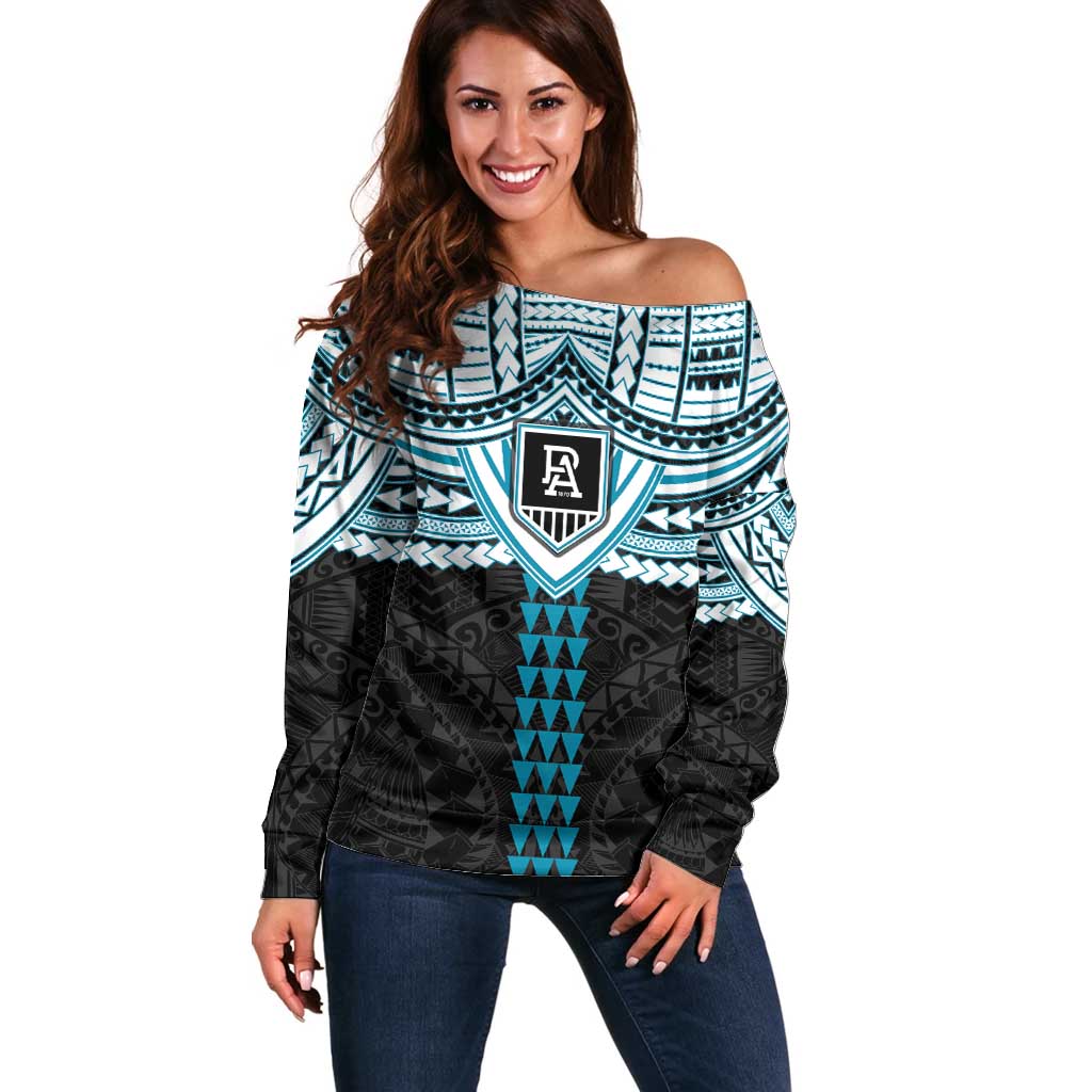 Personalized Port Adelaide Power Off Shoulder Sweater Polynesian Tribal Pattern Heritage Football