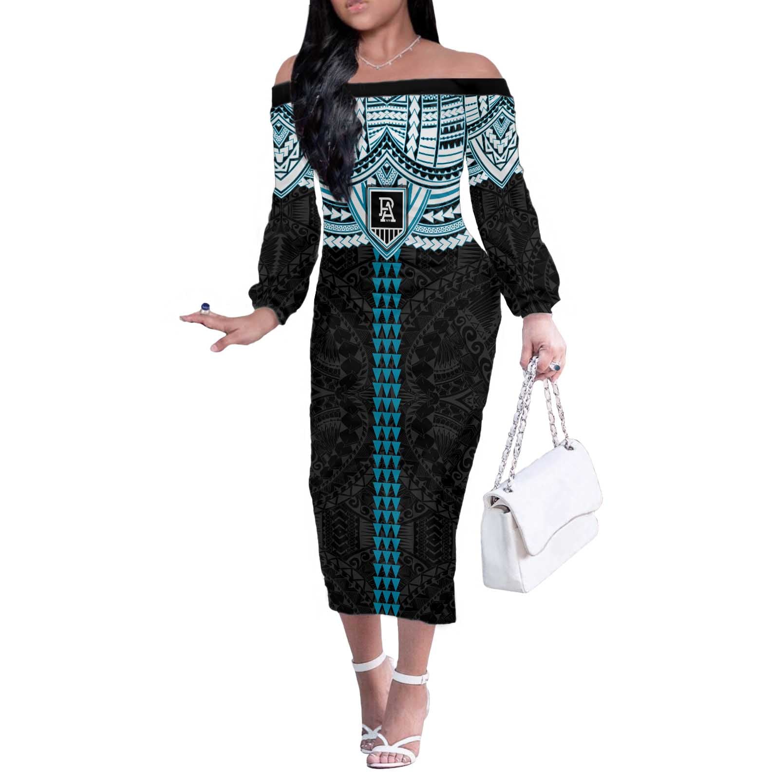 Personalized Port Adelaide Power Off The Shoulder Long Sleeve Dress Polynesian Tribal Pattern Heritage Football
