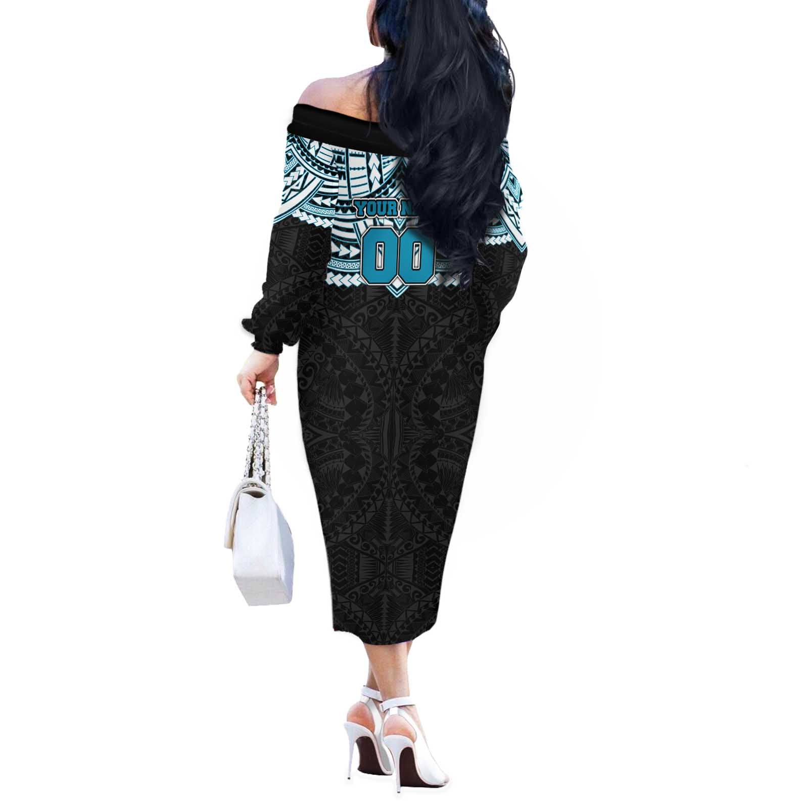 Personalized Port Adelaide Power Off The Shoulder Long Sleeve Dress Polynesian Tribal Pattern Heritage Football