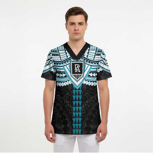Personalized Port Adelaide Power Scrub Top Polynesian Tribal Pattern Heritage Football