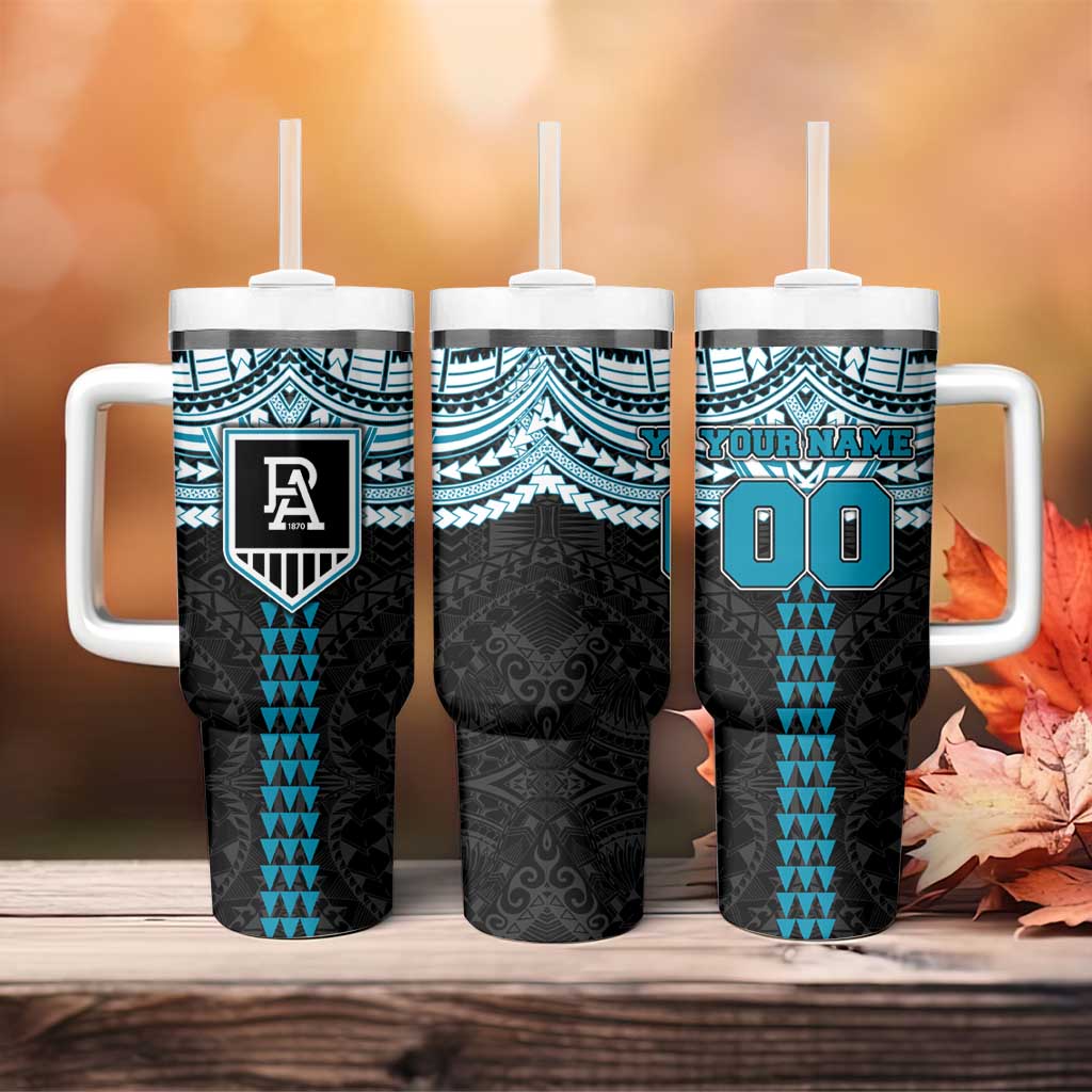 Personalized Port Adelaide Power Tumbler With Handle Polynesian Tribal Pattern Heritage Football