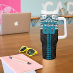 Personalized Port Adelaide Power Tumbler With Handle Polynesian Tribal Pattern Heritage Football