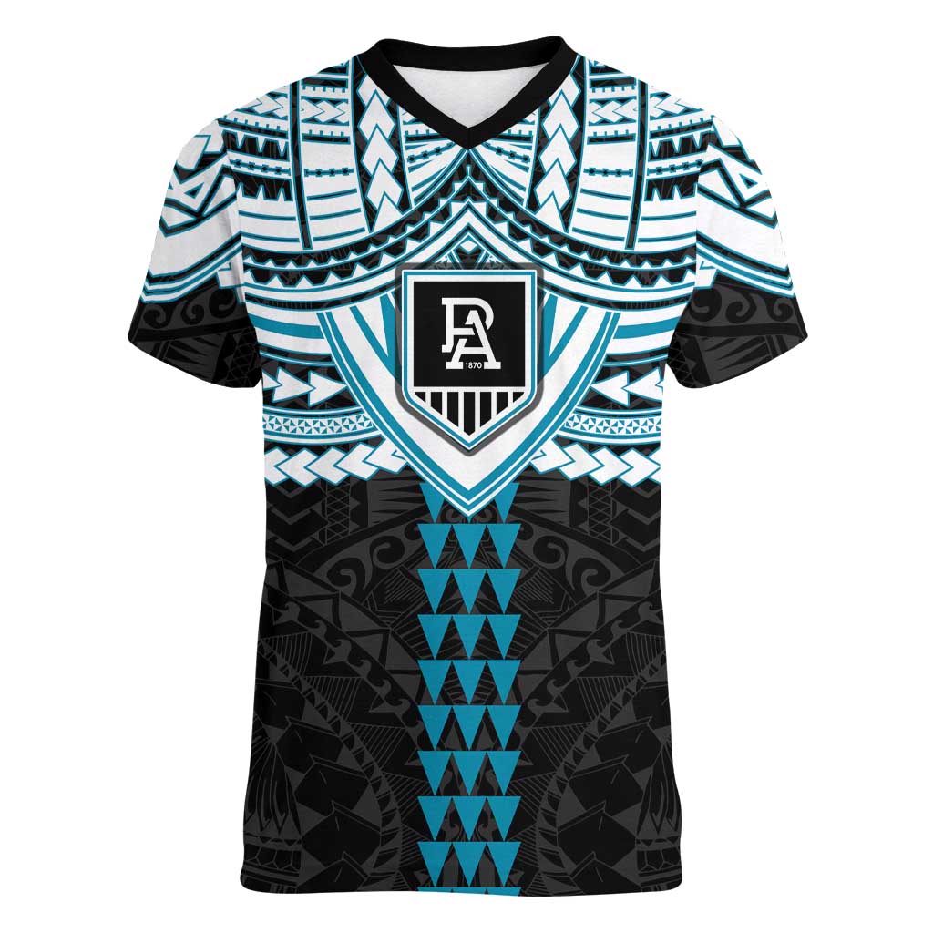Personalized Port Adelaide Power Women V-Neck T-Shirt Polynesian Tribal Pattern Heritage Football
