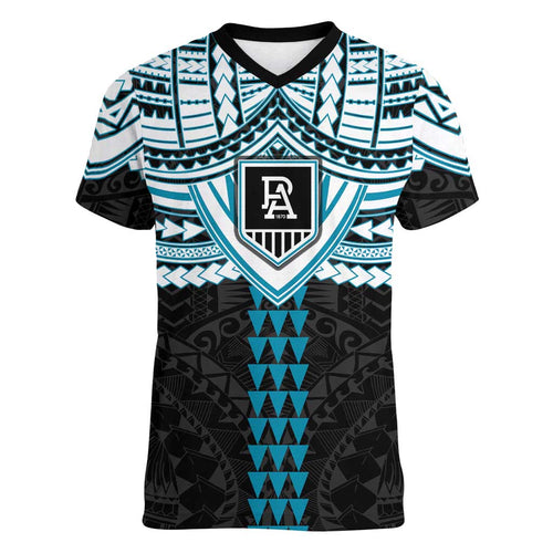 Personalized Port Adelaide Power Women V-Neck T-Shirt Polynesian Tribal Pattern Heritage Football