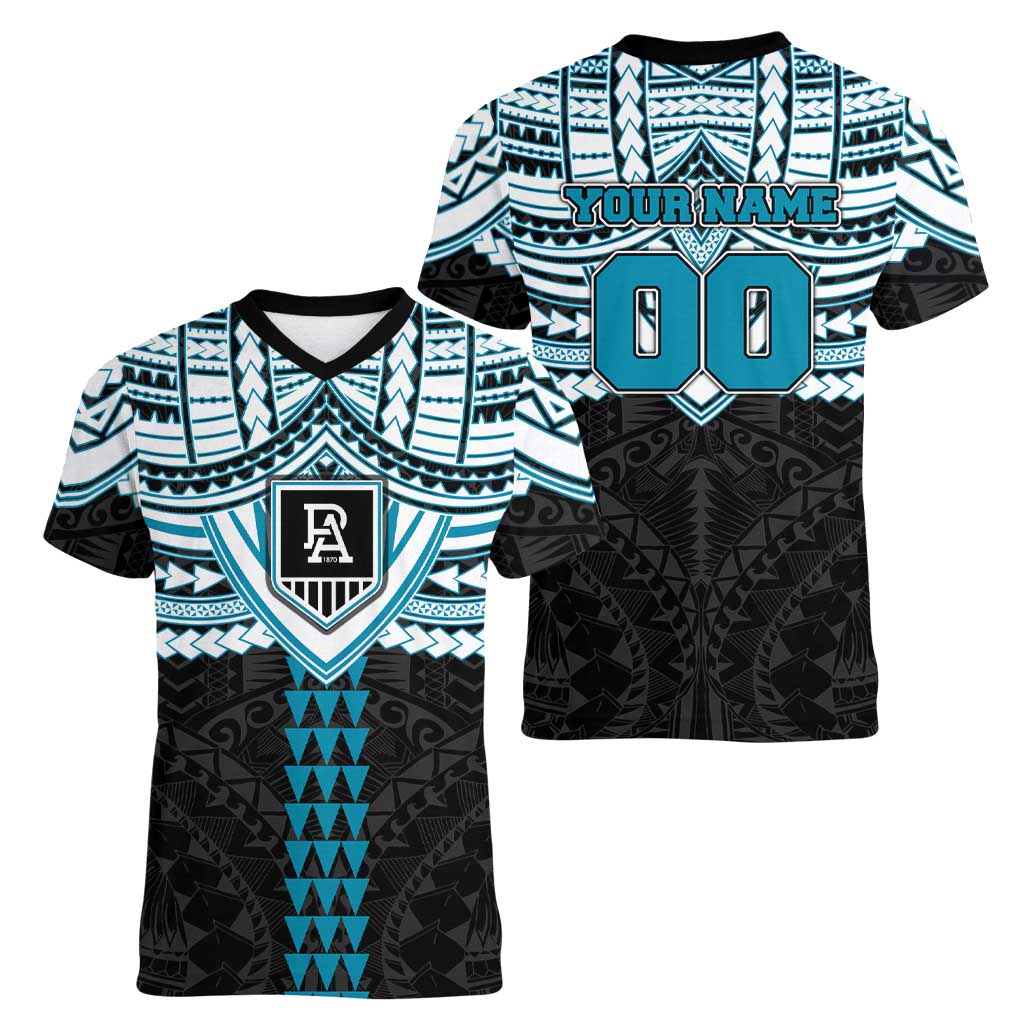Personalized Port Adelaide Power Women V-Neck T-Shirt Polynesian Tribal Pattern Heritage Football