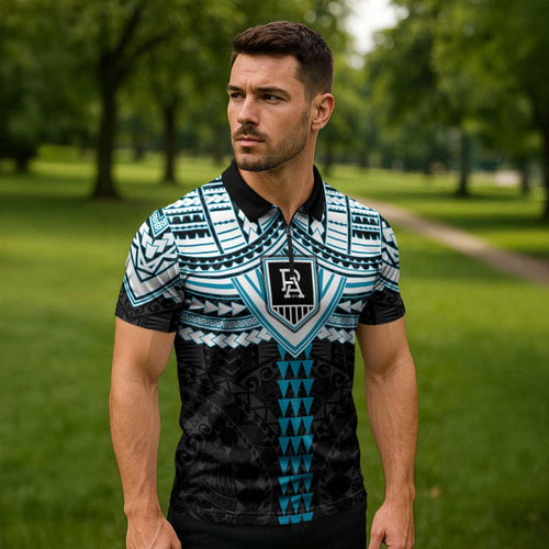 Personalized Port Adelaide Power Zipper Polo Shirt Polynesian Tribal Pattern Heritage Football