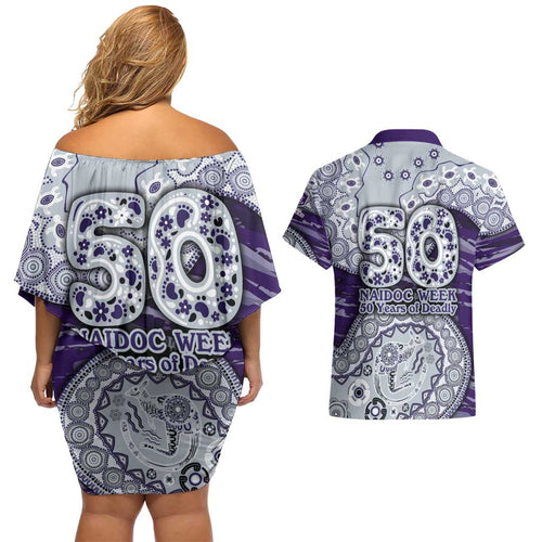 Fremantle Dockers NAIDOC Week 2026 Couples Matching Off Shoulder Short Dress and Hawaiian Shirt Australian Aboriginal Dot Art Dreamtime Pattern Style