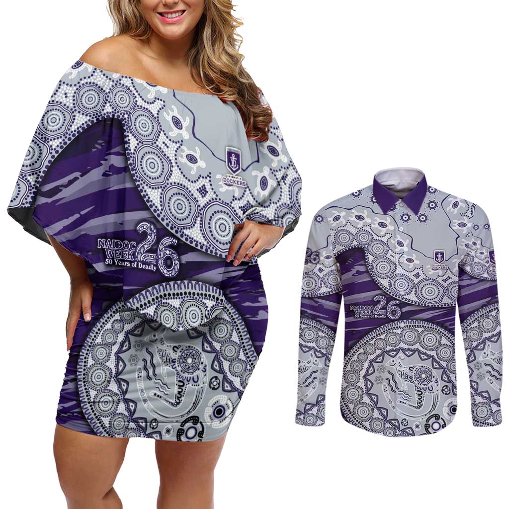 Fremantle Dockers NAIDOC Week 2026 Couples Matching Off Shoulder Short Dress and Long Sleeve Button Shirt Australian Aboriginal Dot Art Dreamtime Pattern Style