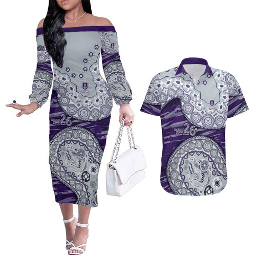 Fremantle Dockers NAIDOC Week 2026 Couples Matching Off The Shoulder Long Sleeve Dress and Hawaiian Shirt Australian Aboriginal Dot Art Dreamtime Pattern Style