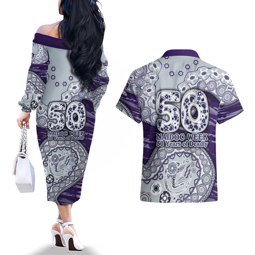 Fremantle Dockers NAIDOC Week 2026 Couples Matching Off The Shoulder Long Sleeve Dress and Hawaiian Shirt Australian Aboriginal Dot Art Dreamtime Pattern Style