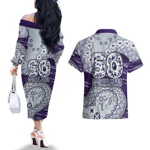 Fremantle Dockers NAIDOC Week 2026 Couples Matching Off The Shoulder Long Sleeve Dress and Hawaiian Shirt Australian Aboriginal Dot Art Dreamtime Pattern Style