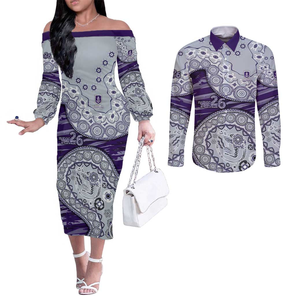 Fremantle Dockers NAIDOC Week 2026 Couples Matching Off The Shoulder Long Sleeve Dress and Long Sleeve Button Shirt Australian Aboriginal Dot Art Dreamtime Pattern Style
