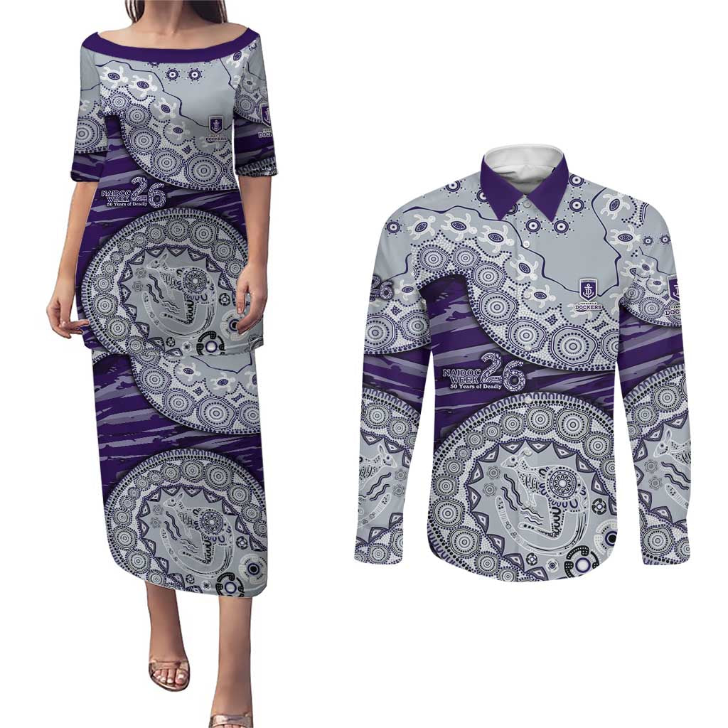 Fremantle Dockers NAIDOC Week 2026 Couples Matching Puletasi and Long Sleeve Button Shirt Australian Aboriginal Dot Art Dreamtime Pattern Style