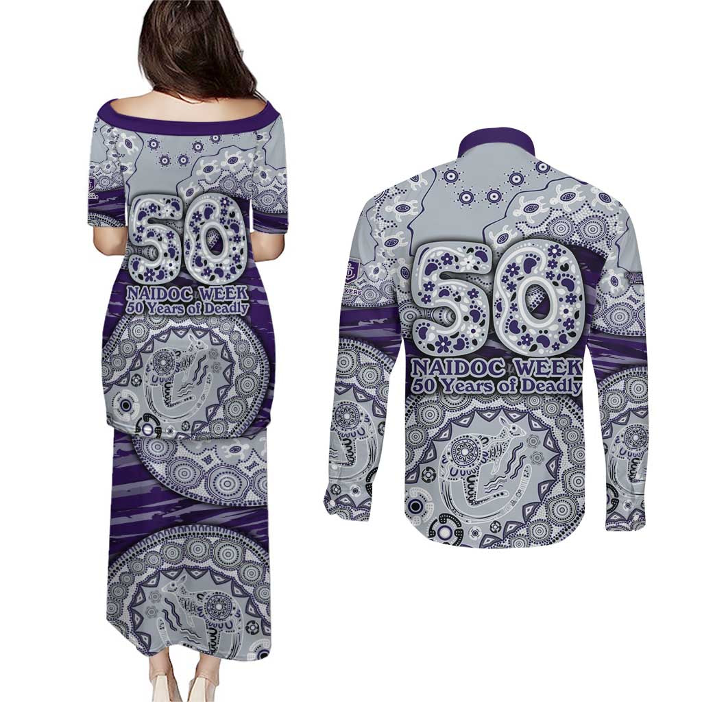 Fremantle Dockers NAIDOC Week 2026 Couples Matching Puletasi and Long Sleeve Button Shirt Australian Aboriginal Dot Art Dreamtime Pattern Style