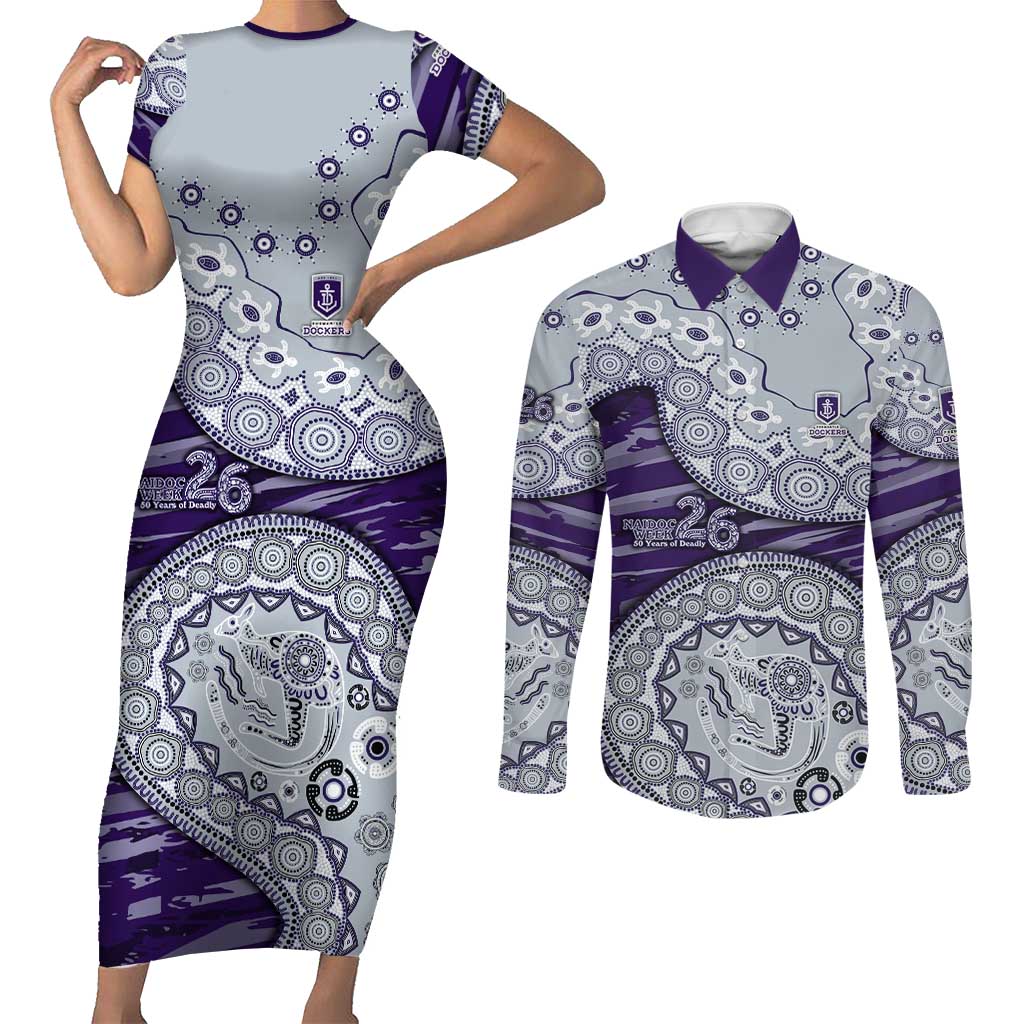 Fremantle Dockers NAIDOC Week 2026 Couples Matching Short Sleeve Bodycon Dress and Long Sleeve Button Shirt Australian Aboriginal Dot Art Dreamtime Pattern Style