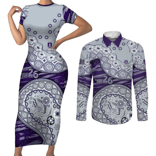 Fremantle Dockers NAIDOC Week 2026 Couples Matching Short Sleeve Bodycon Dress and Long Sleeve Button Shirt Australian Aboriginal Dot Art Dreamtime Pattern Style