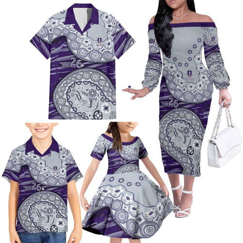 Fremantle Dockers NAIDOC Week 2026 Family Matching Off The Shoulder Long Sleeve Dress and Hawaiian Shirt Australian Aboriginal Dot Art Dreamtime Pattern Style